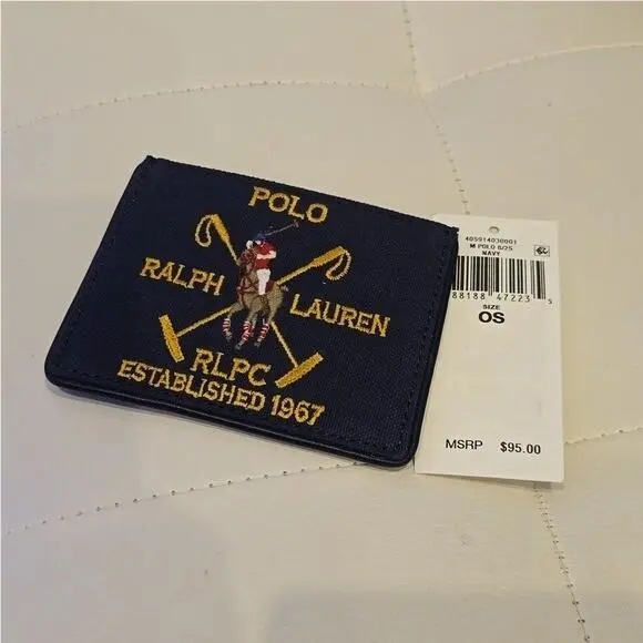 Ralph Lauren Polo Navy Blue Canvas Leather Plaid Wallet Mans Embroidered