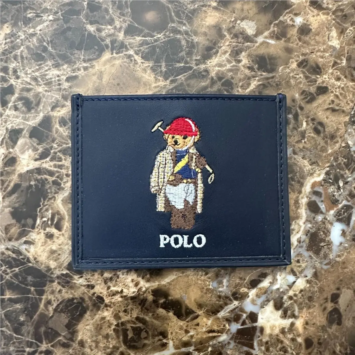 Polo Ralph Lauren Navy Leather Polo Bear Logo Card Holder Wallet