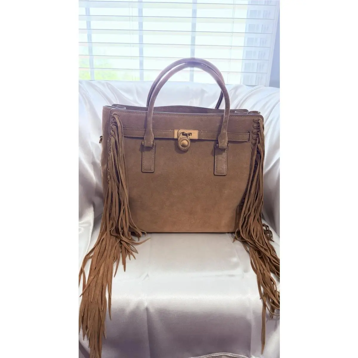 Suede Hamilton Moderne Large Satchel Bag Handbag Fringe Husk Brown by Michael Kors