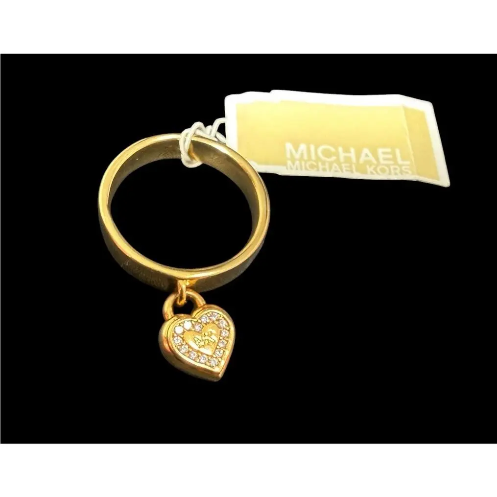Gold Tone Heart Charm Ring Pave Crystal MK Logo Band Size 8 by Michael Kors