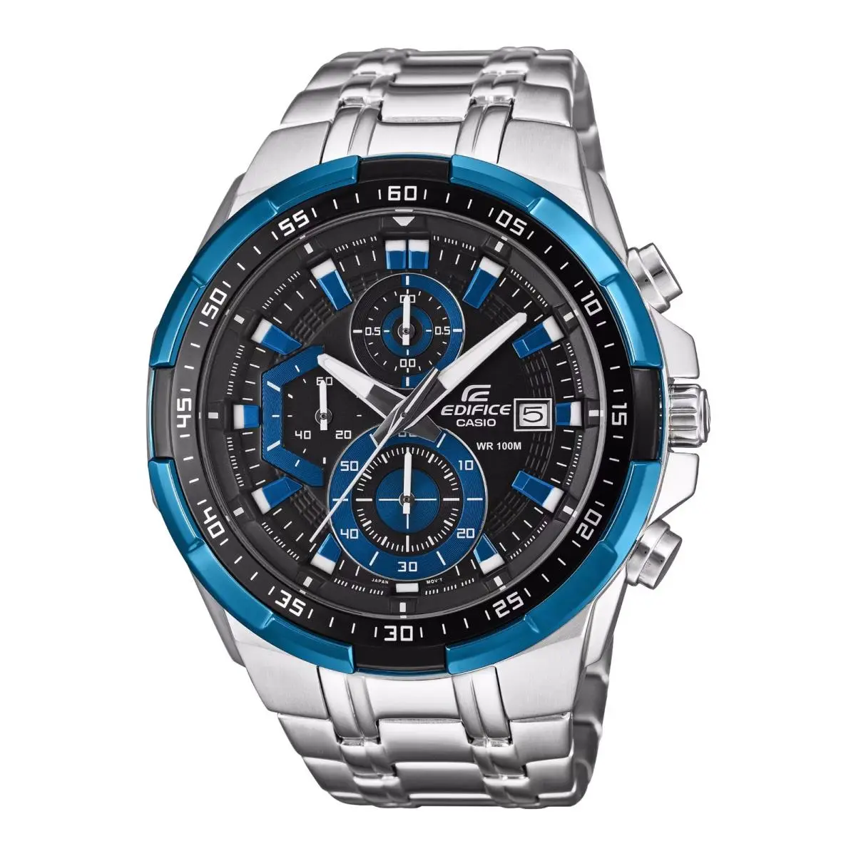 Casio Edifice EFR-539D-1A2VUE Chronograph Watch 100M Stainless Steel - Dial: Black and blue, Band: Silver, Bezel: Blue