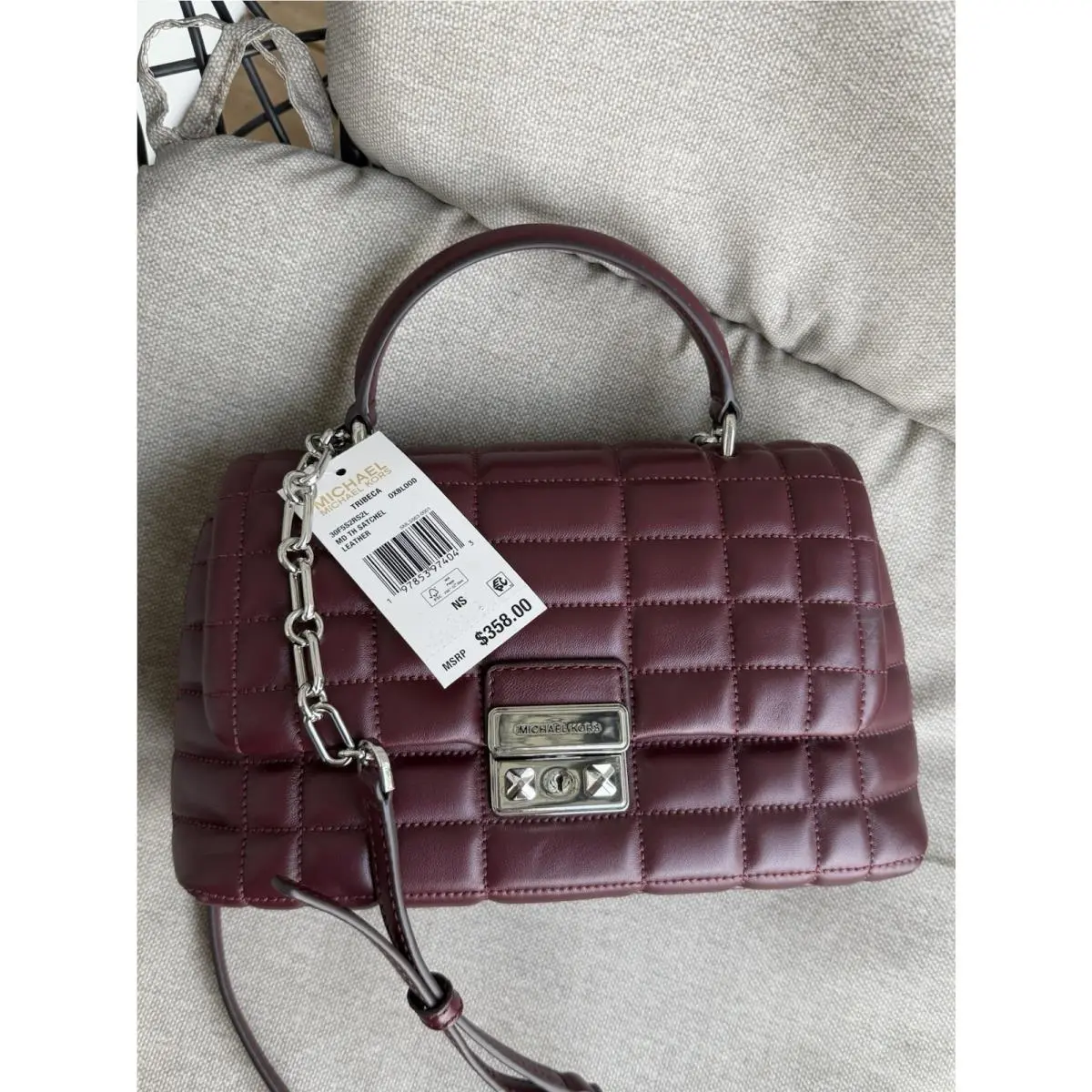 Tribeca Medium Quilted Leather Satchel Oxblood and Silver by Michael Kors