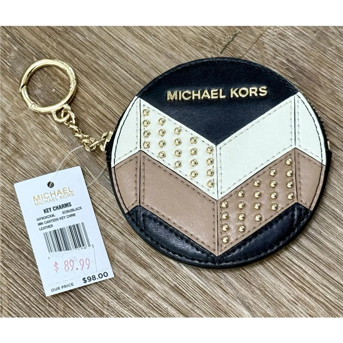 Mini Canteen Bag Key Charm 4” Gold Studded Leather Coin Zipper by Michael Kors
