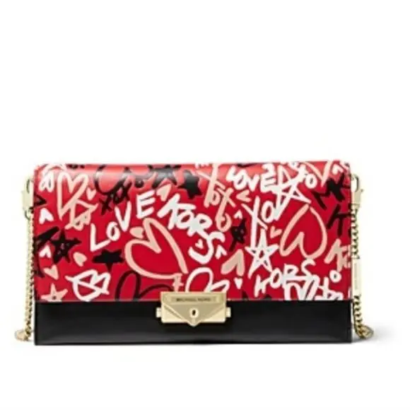 Graffiti Love Red Crossbody Clutch Kors Handbag Black Gold Chain Purse Rare