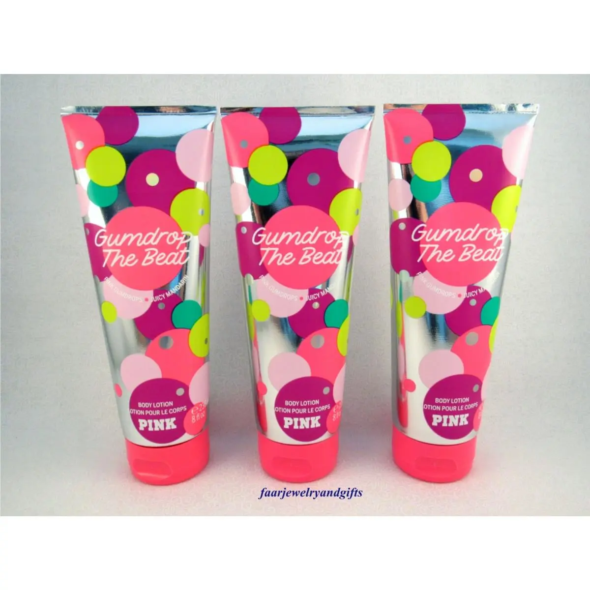 Victoria`s Secret Pink Gumdrop The Beat Body Lotion X 3 - FS 8 oz - New/sealed