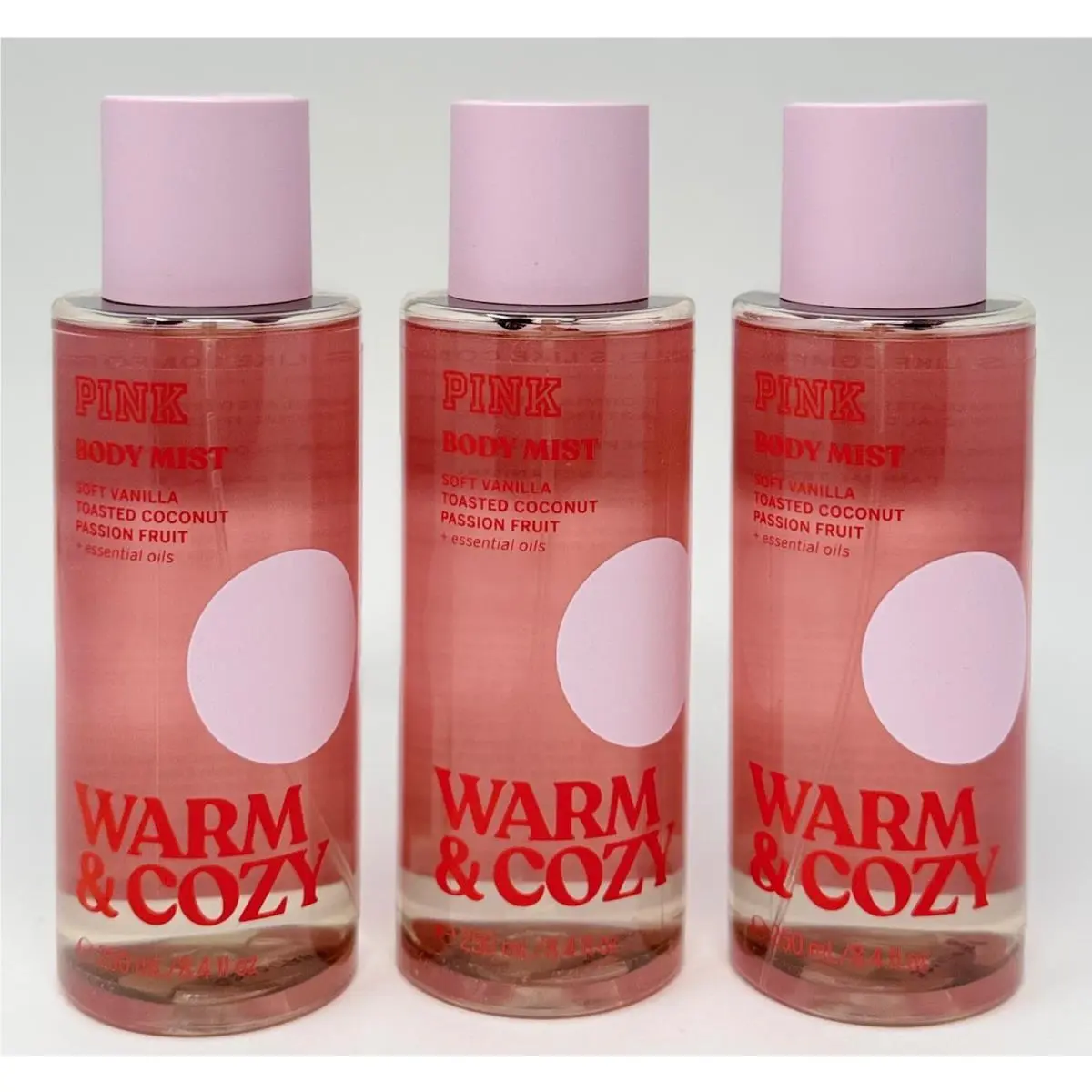 3 Victoria`s Secret Pink Warm Cozy Scented Body Mist Spray Vanilla Coconut