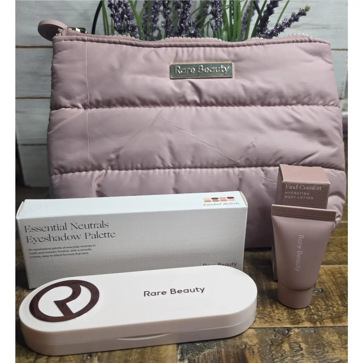 3pc Rare Beauty Set • Puffy Makeup Bag Eyeshadow Palette Body Lotion