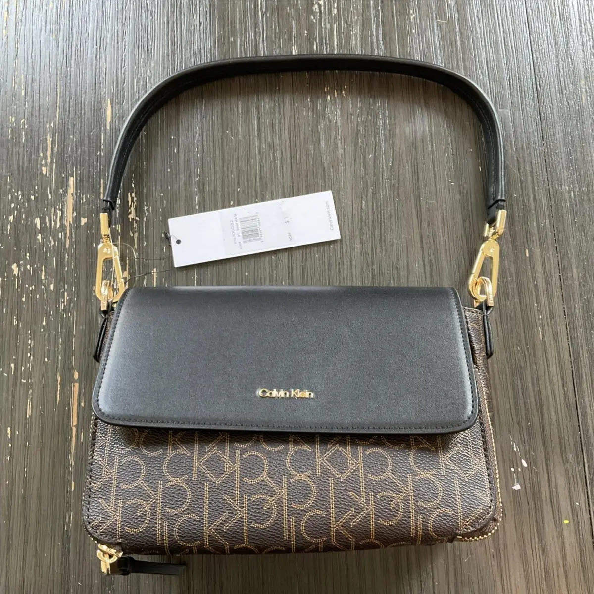 Calvin Klein Logo Crossbody Chain Clutch Wallet Purse Bag Brown Adjustable Nwot