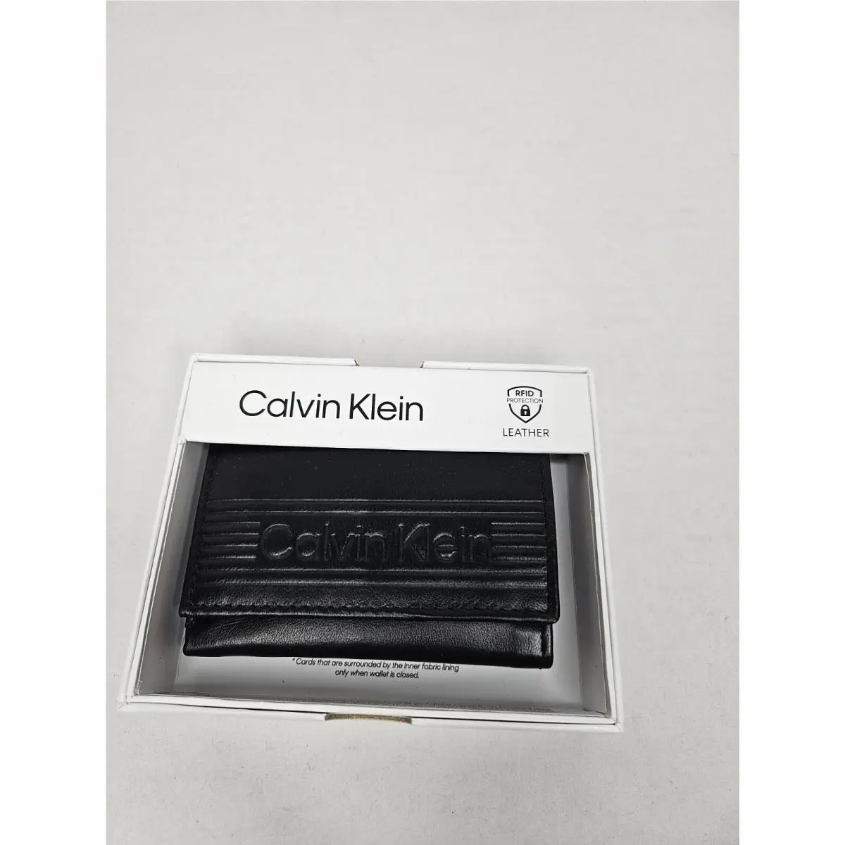Calvin Klein Men`s Leather Trifold Wallet Rfid Black Large Logo Valet