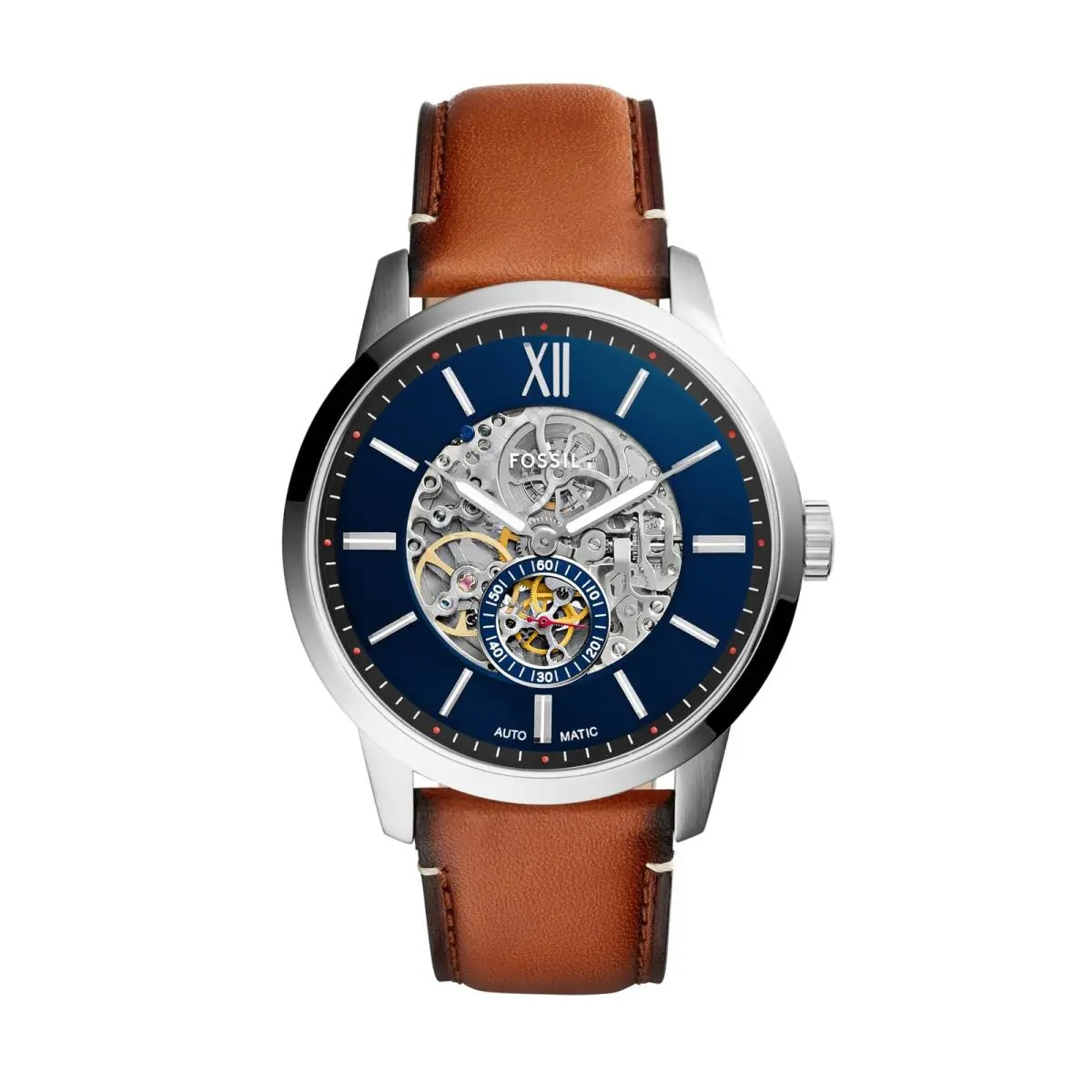 Fossil Men`s Watch Townsman Automatic 48MM Brown Leather/silver/blue