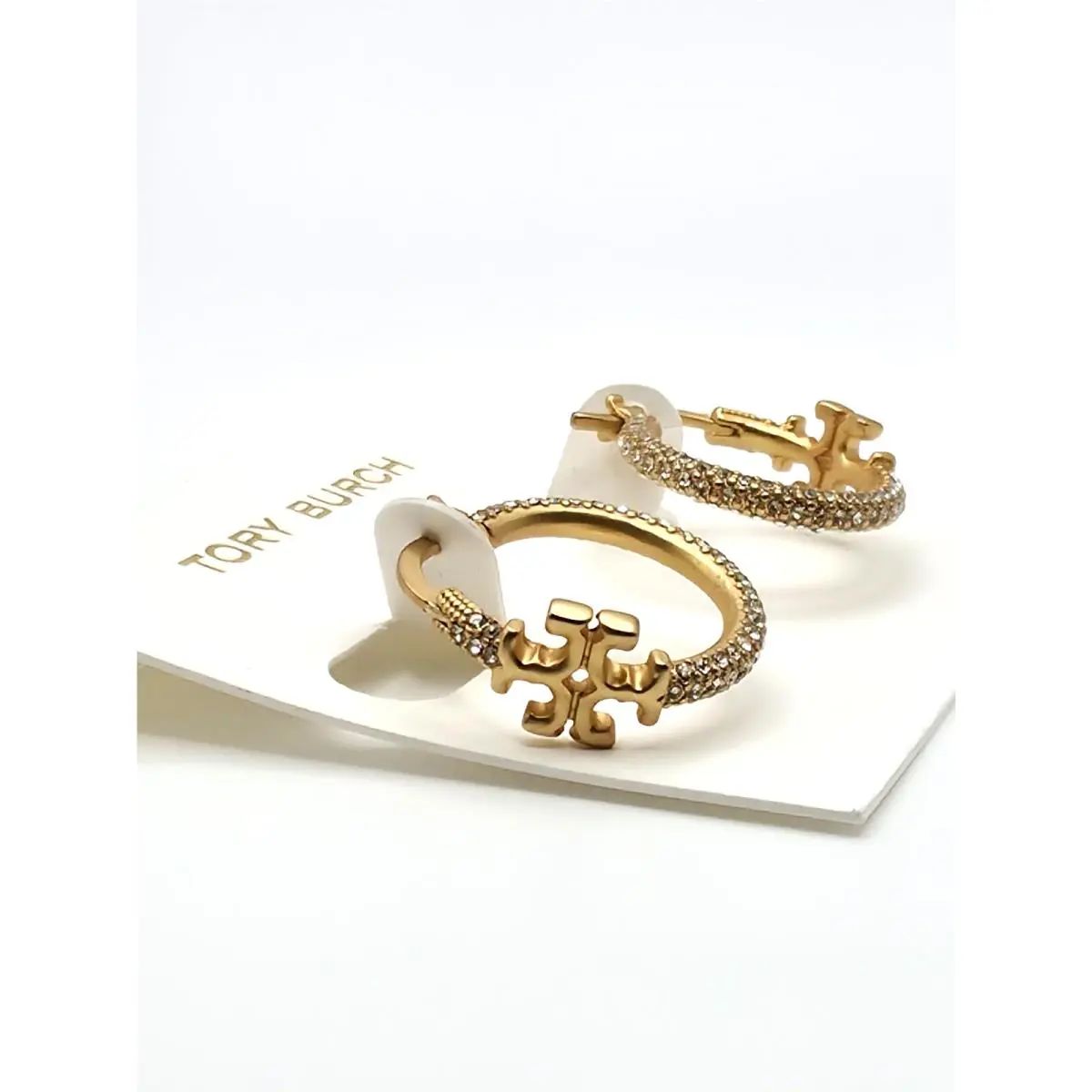 Small Gold Tone Pavé Hoop Earrings Double T Logo 21mm by Tory Burch