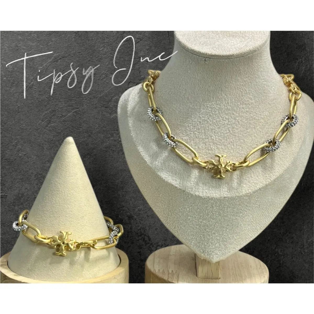 Tory Burch Roxanne Chain ​​pavé Short Necklace Bracelet Set