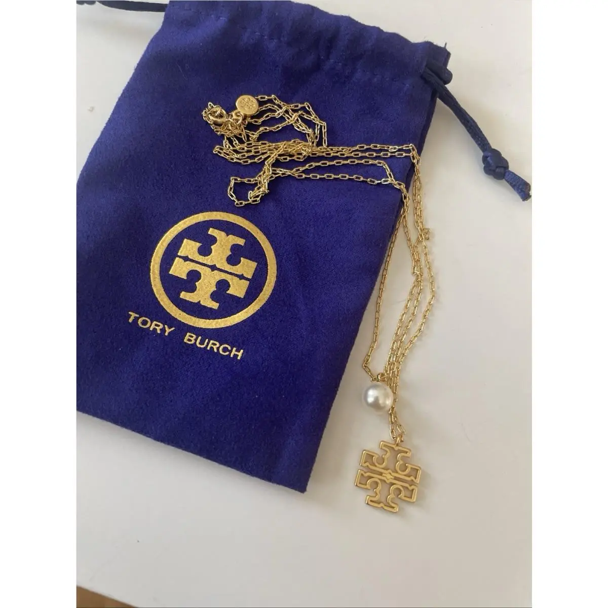 Gold Double Strand Logo and Pearl Pendants Necklace by Tory Burch