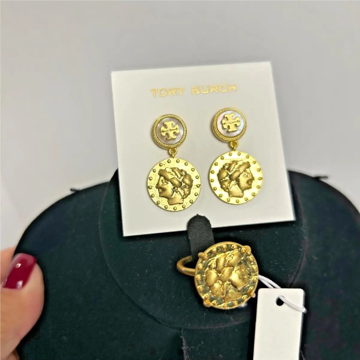 Coin Logo Earrings Ring Set Gold Tone Mother of Pearl Medallion by Tory Burch