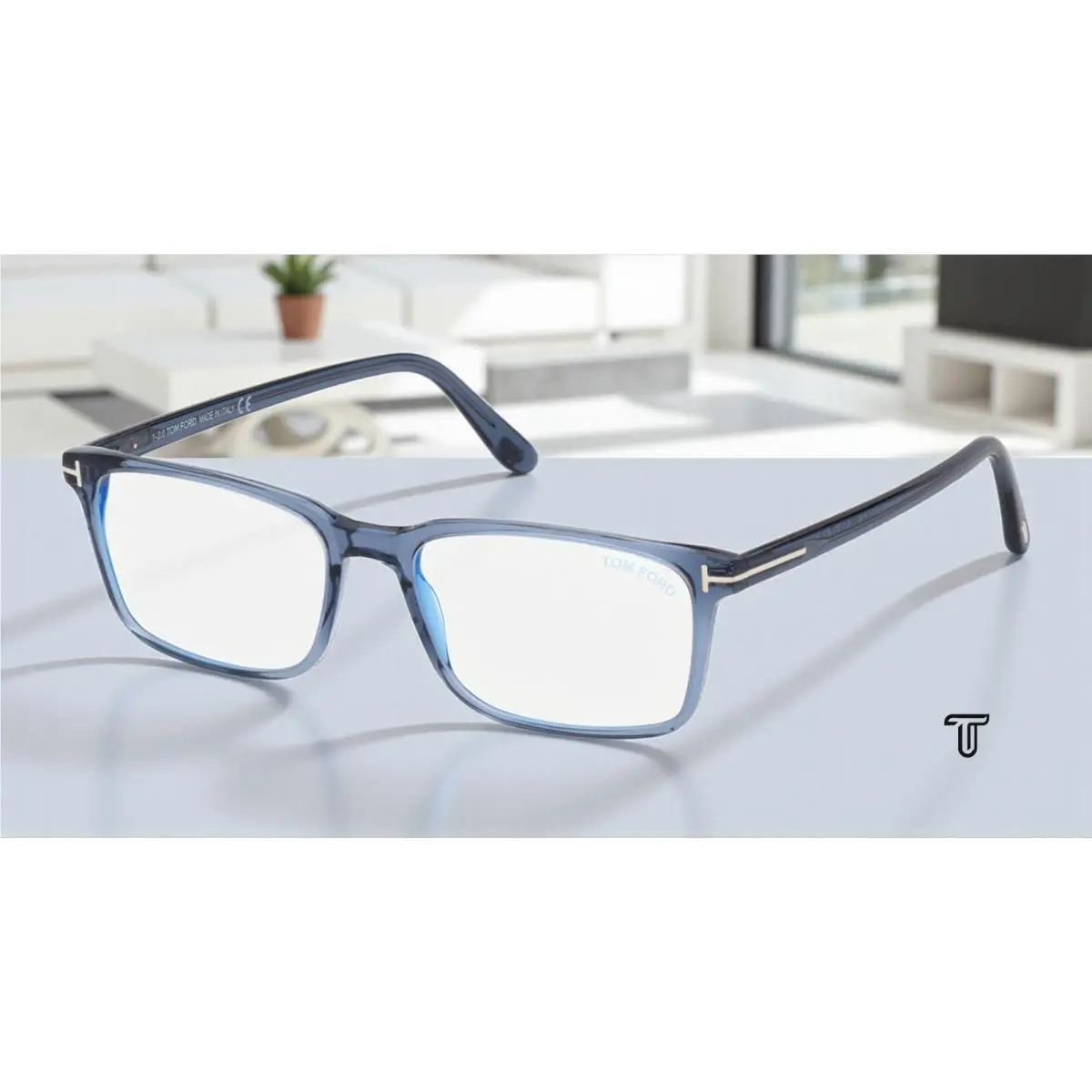 Tom Ford FT5735 B 090 Shiny Blue Plastic Blue Filter 56 mm Men`s Eyeglasses