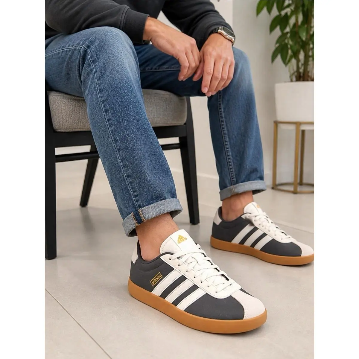VL Court 3.0 Black/white/gum Leather JR8638 Men`s Sneakers 13 Trendy by Adidas