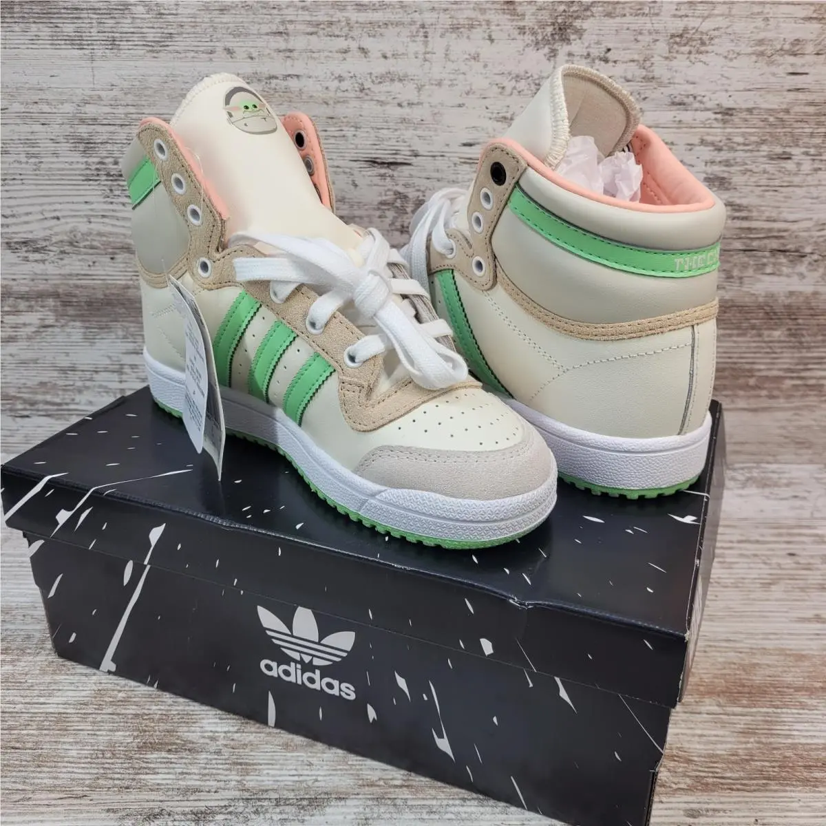Child Size 2.5 Star Wars Mandalorian Baby Yoda Top Ten HI Shoes by Adidas