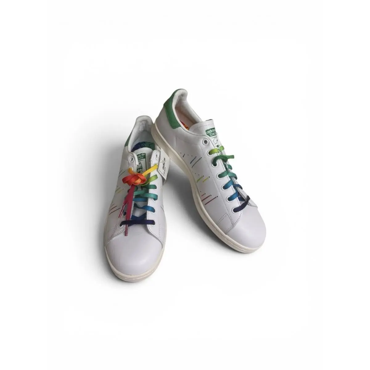 Adidas White Stan Smith Sneakers with Rainbow Laces Size 10