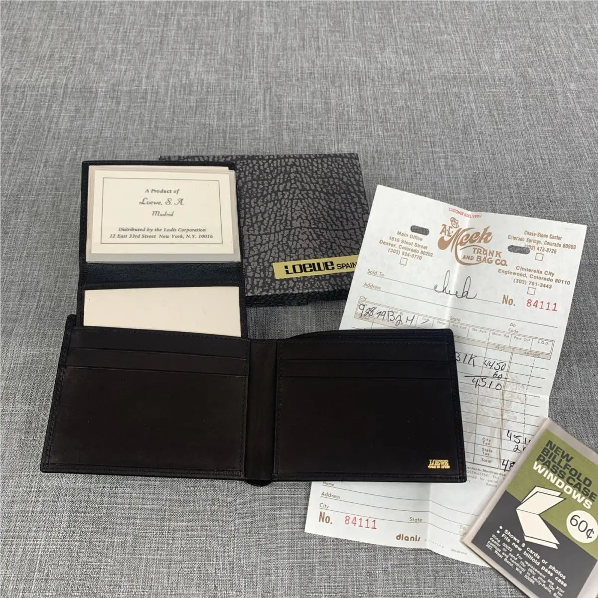 Loewe Vtg Calfskin Leather Wallet Bifold Nos 70s Gold Logo Rare Orig Box Receipt