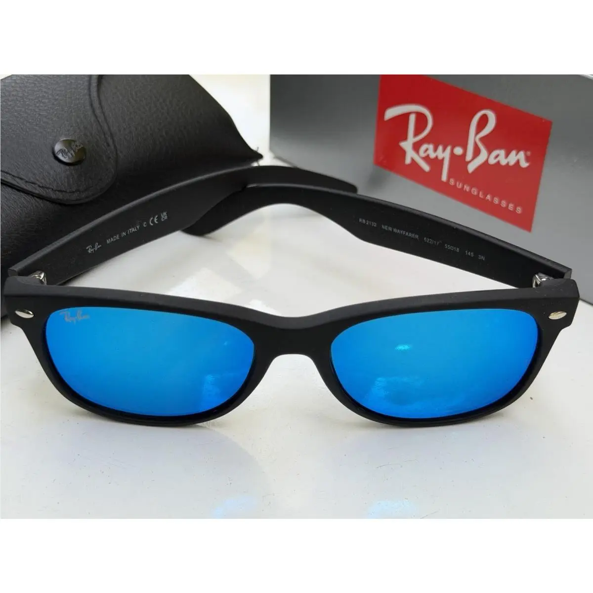 Ray-ban RB2132 622/17 Matte Black Wayfarer Blue Mirror Sunglasses 55mm by Ray-Ban