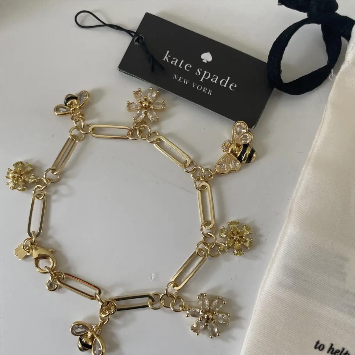 Kate Spade New York 12K Gold Plated Metal All Abuzz Stone Bee Charm Bracelet