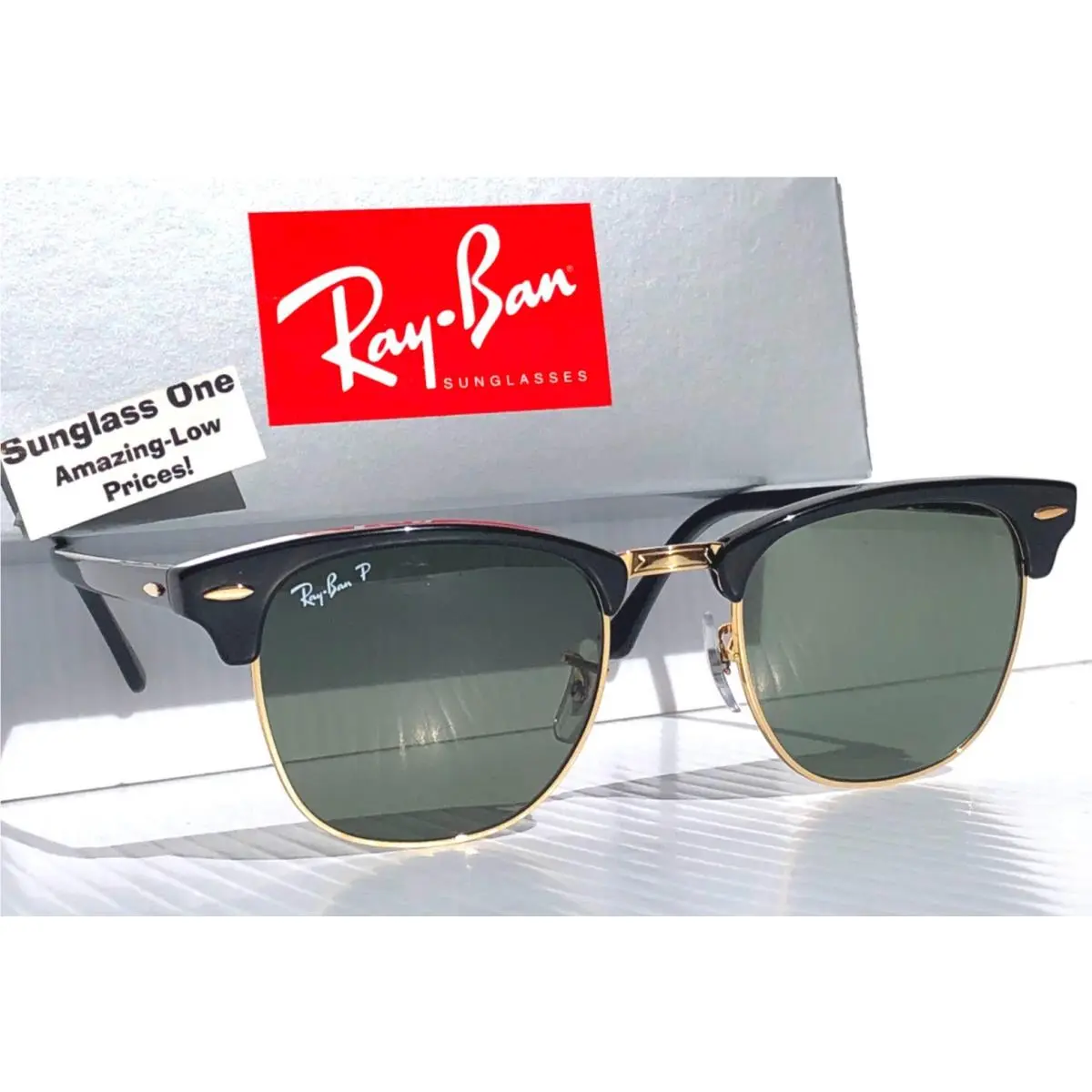 Ray Ban Clubmaster 58mm Black Gold Polarized G-15 Green Sunglass RB 3016 901/58 by Ray-Ban
