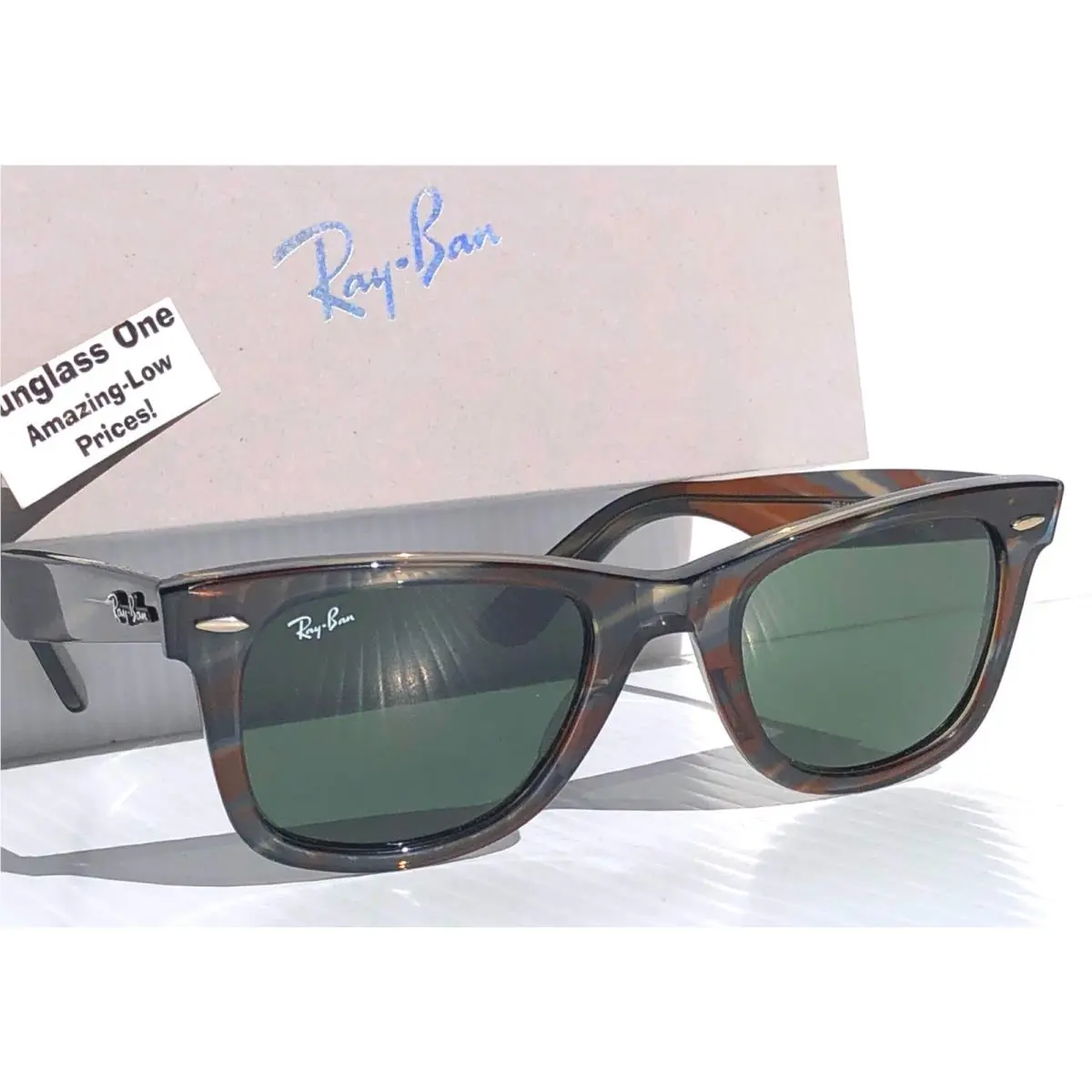 Ray Ban Wayfarer Striped Grey Photochromic Green Lens Sunglass RB 2140 1387/31 by Ray-Ban