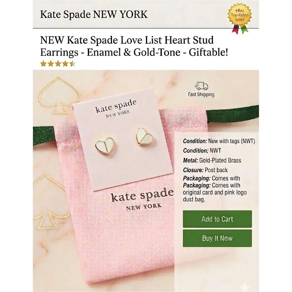 Heritage Spade Heart Stud Earrings White Enamel Gold Tone WBRUH264 by Kate Spade