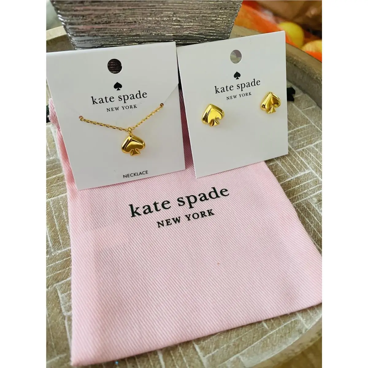Gold Tone Spade Pendant Necklace and Earrings Set by Kate Spade