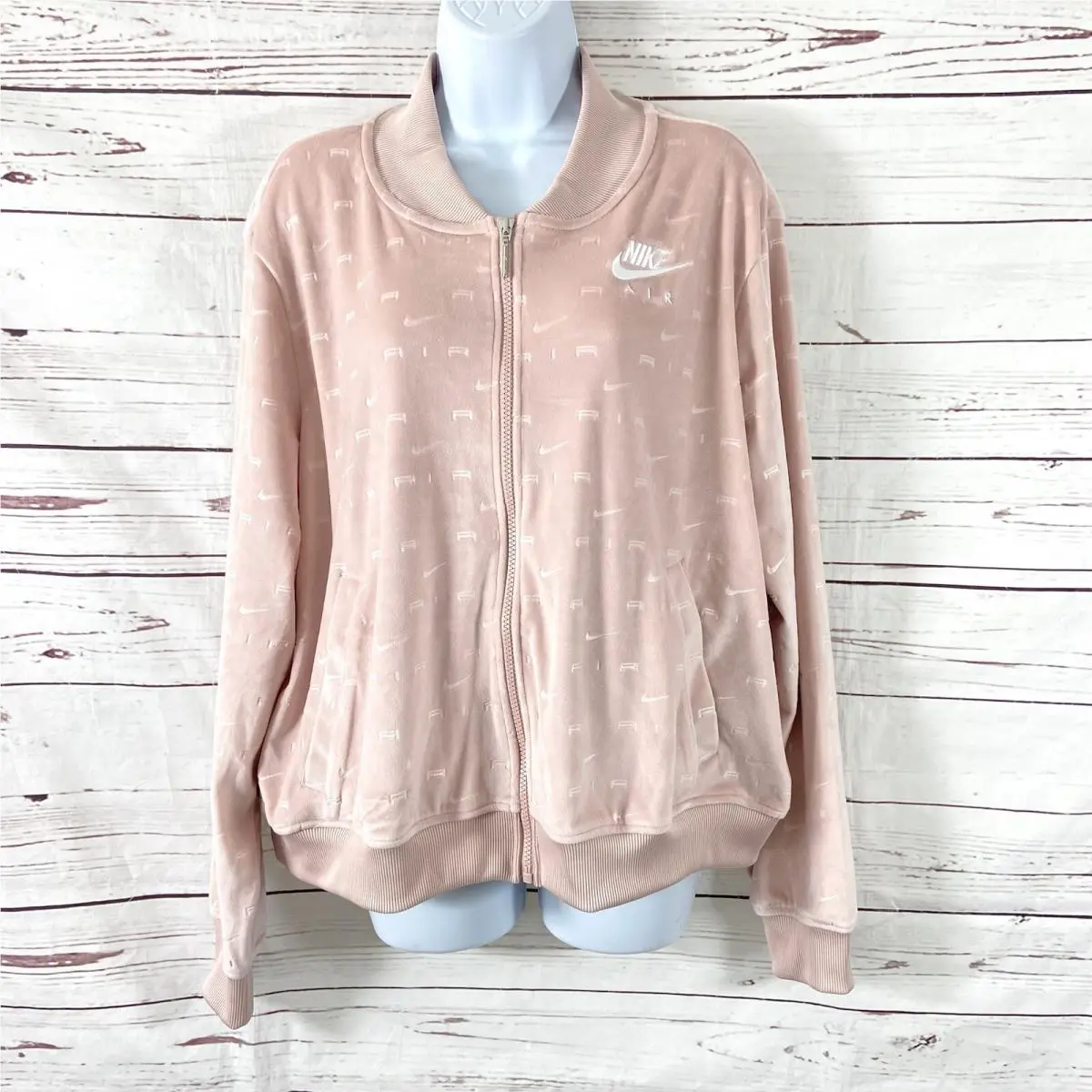 Air Velour Jacket Women`s 1X Pink Full Zip Signature Logo Long Sleeve by Nike
