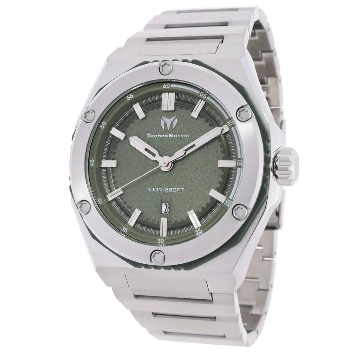 Technomarine TM-416075 Coral Olive Green Dial 45 mm Men`s Watch - Silver-tone, Dial: Olive Green, Band: Silver-tone