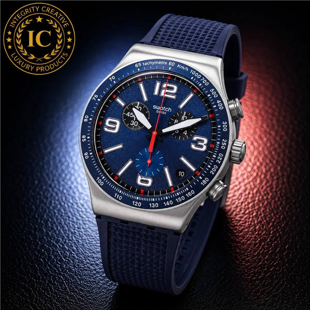 Unisex Swatch Watch 43MM Chrono Quartz Blue Dial Navy Silicone Strap Wristwatch
