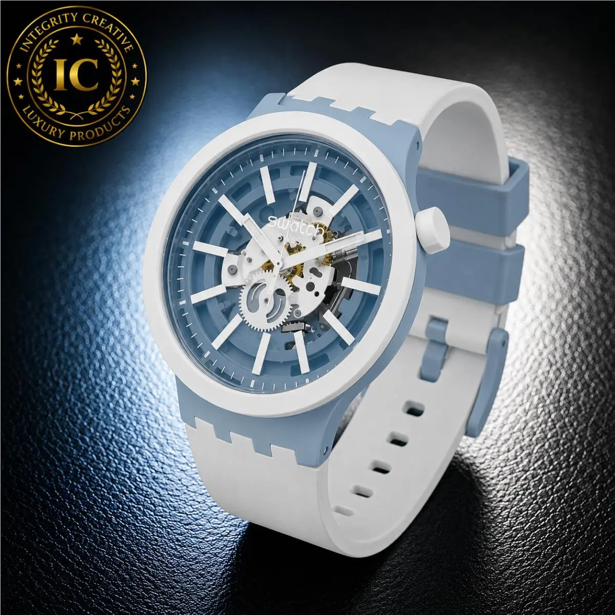 Unisex White Swatch Watch 47MM Big Bold Skeleton Blue Dial Silicone Strap Wrist