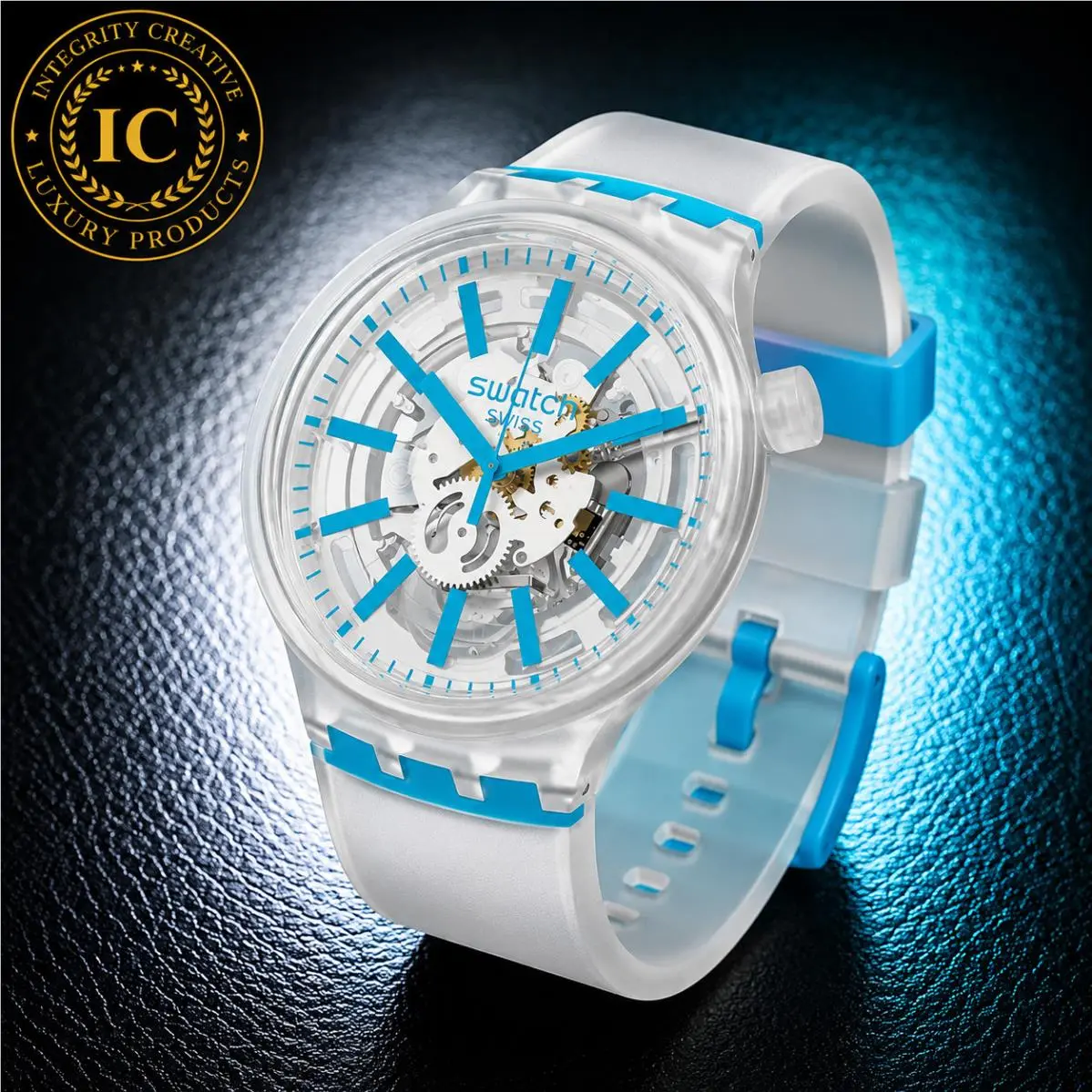 Unisex Swatch Watch 47MM Big Bold Skeleton Clear Blue Dial Silicone Strap Wrist