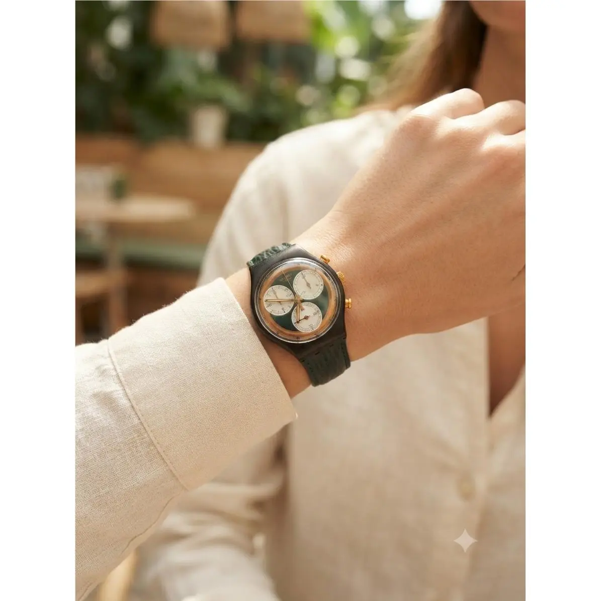 Vintage Swatch Chrono Watch Green Gold Tone Case Swiss Made Quartz Old Stock