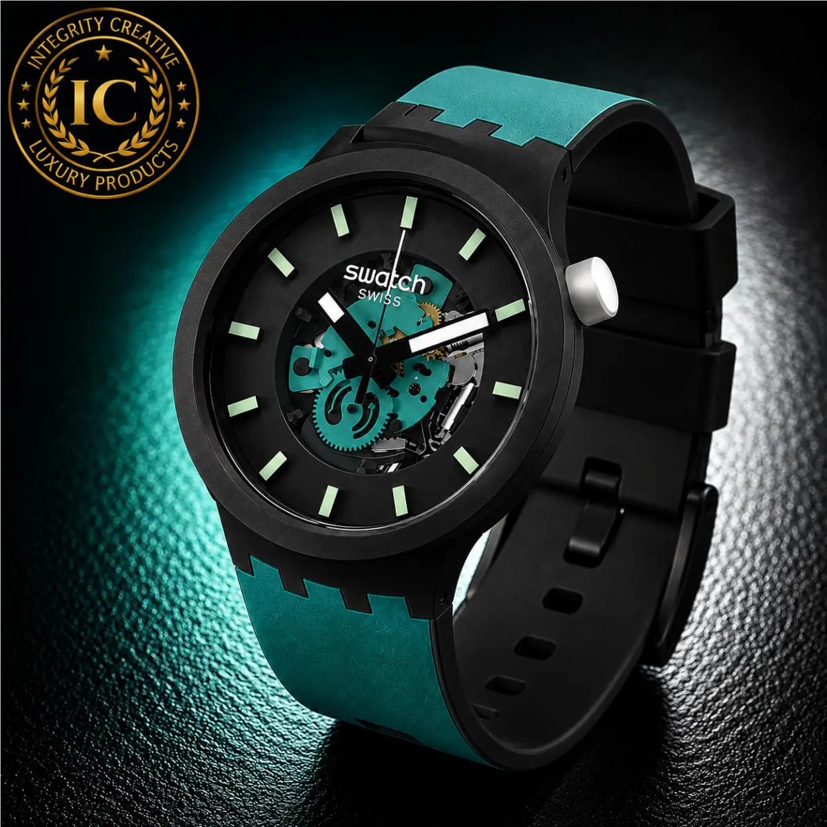 Swatch Unisex Watch 47MM Big Bold Skeleton Black Teal Dial Silicone Strap Wristwatch