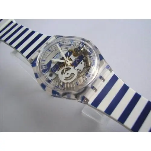 Just Paul Blue/white Striped Skeleton Dial Swatch w Silicone Strap Nib-rare