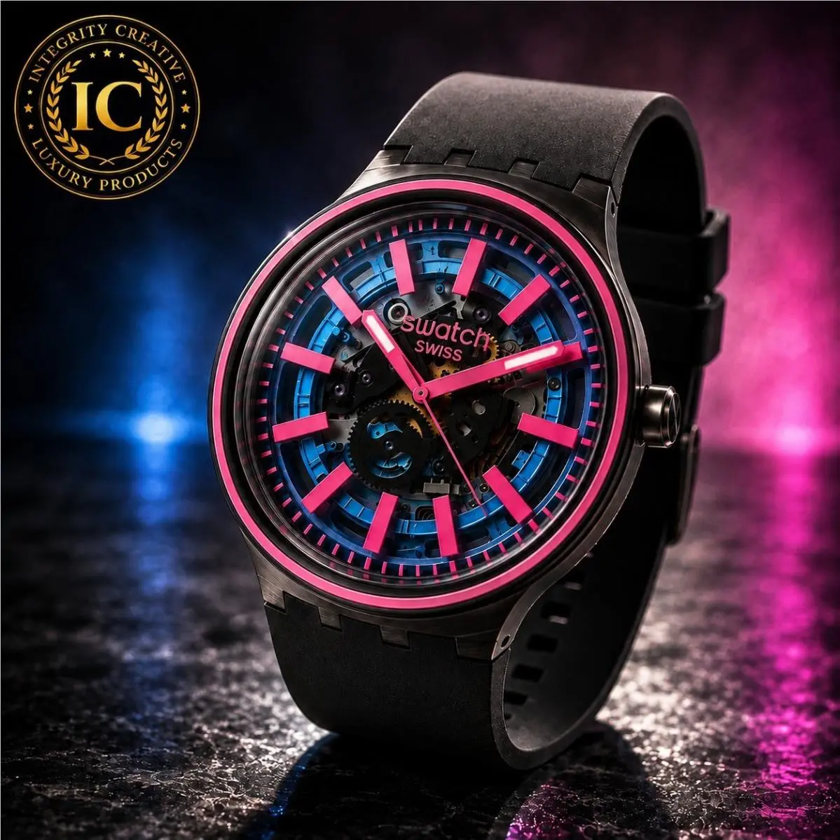 Unisex Swatch Big Bold Blue Taste Solar Spectrum Watch 47mm Blue Pink Dial Wrist