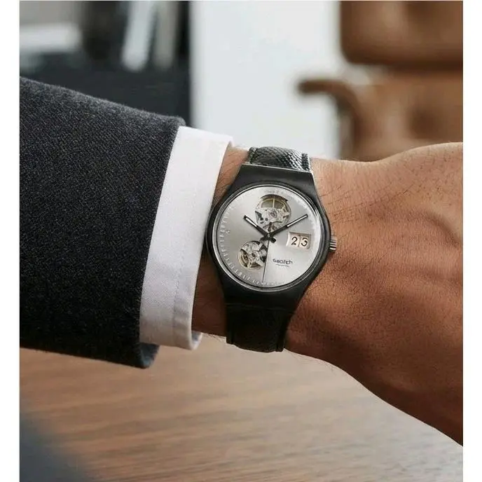 Vintage Swatch Automatic 23 Jewels Skeleton Watch Deadstock Swiss Made Black