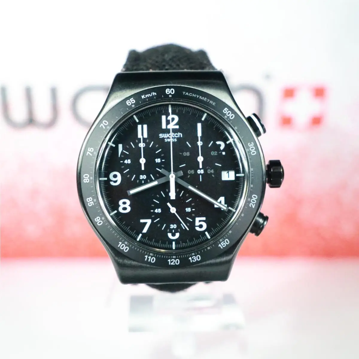 Swiss Made Swatch Destination Nyc YVB402 43MM Black Textile/leather Band