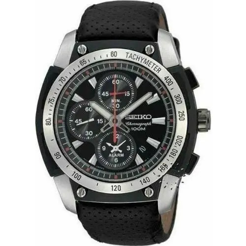 SNAD47P2 Men`s Black Leather Band Alarm Chronograph Analog Wrist Watch by Seiko