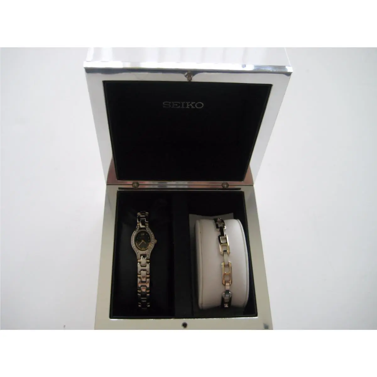 Women`s SXGN71 Gift Set 2 Tone Charcoal Dial W/crystal Bracelet Watch by Seiko