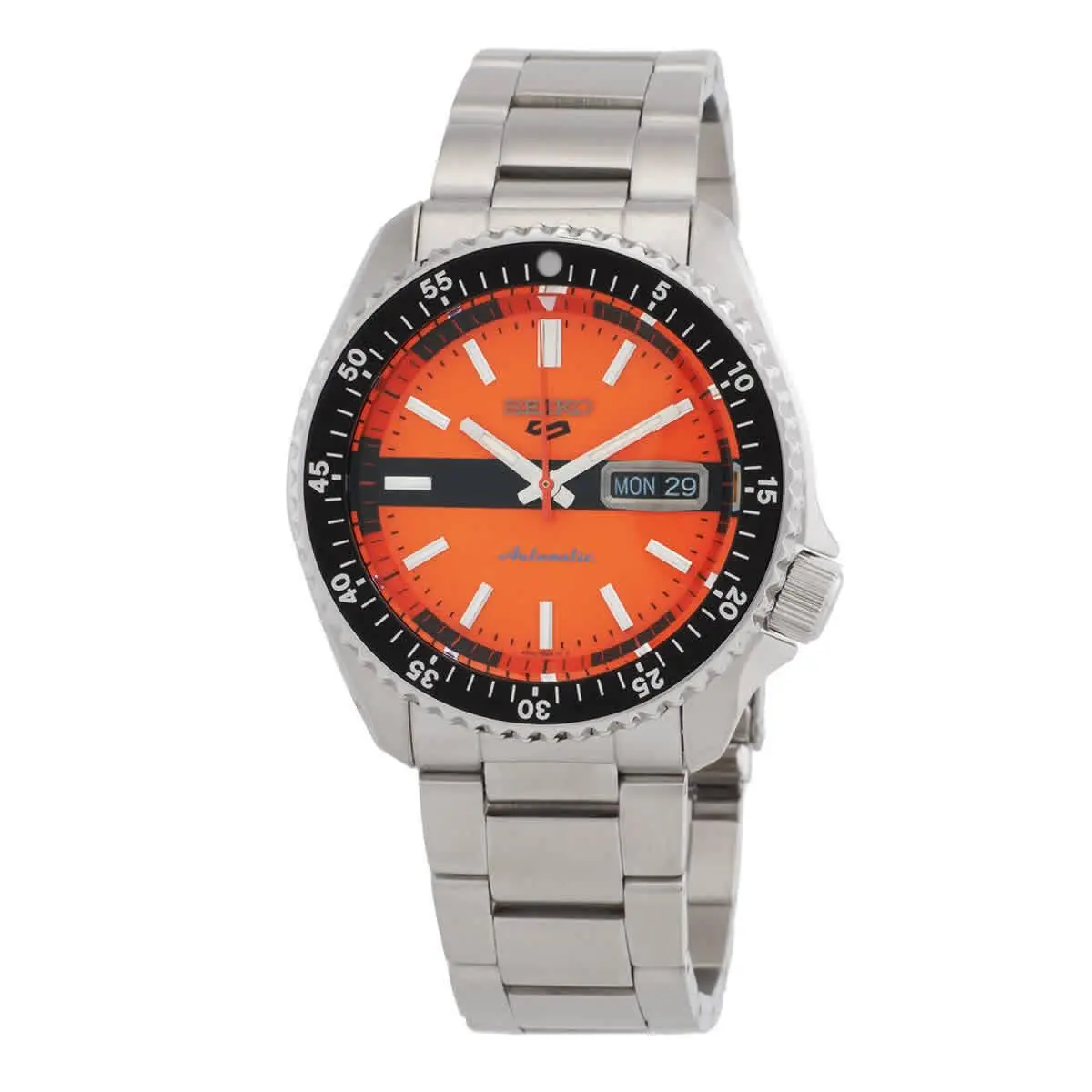 Seiko 5 Sports Automatic Orange Dial Men`s Watch SRPK11K1 - Dial: Orange, Band: Silver, Bezel: Black