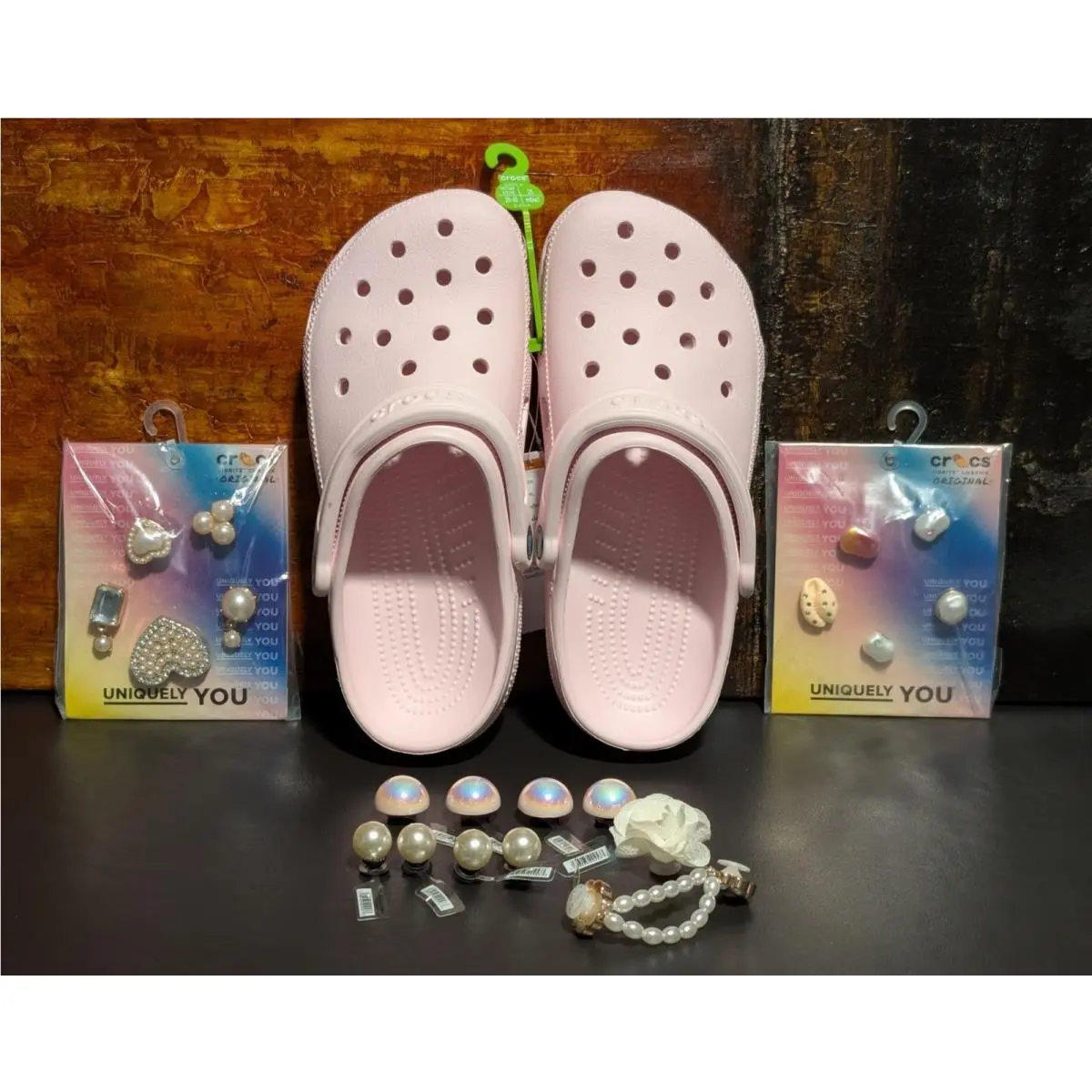 Crocs Classic Clog Slip On Shoes Pink Unisex Womens 9 Mens 7 + 22 Charms