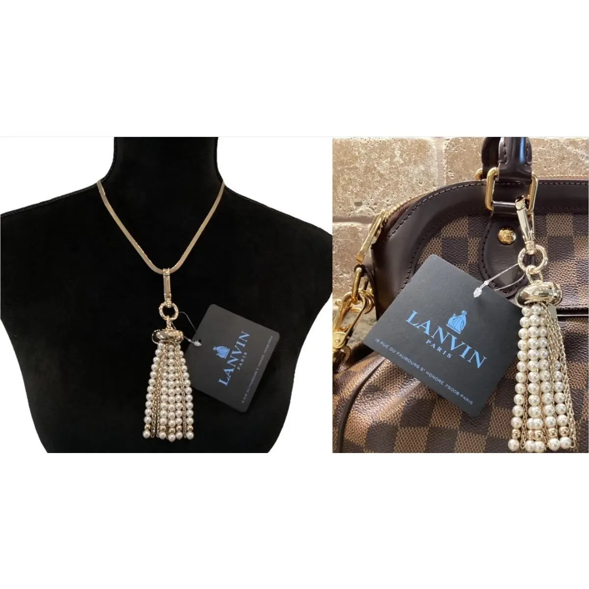Paris Bag Charm Pearl Tassel Pendant Necklace Gold Statement Clip by Lanvin
