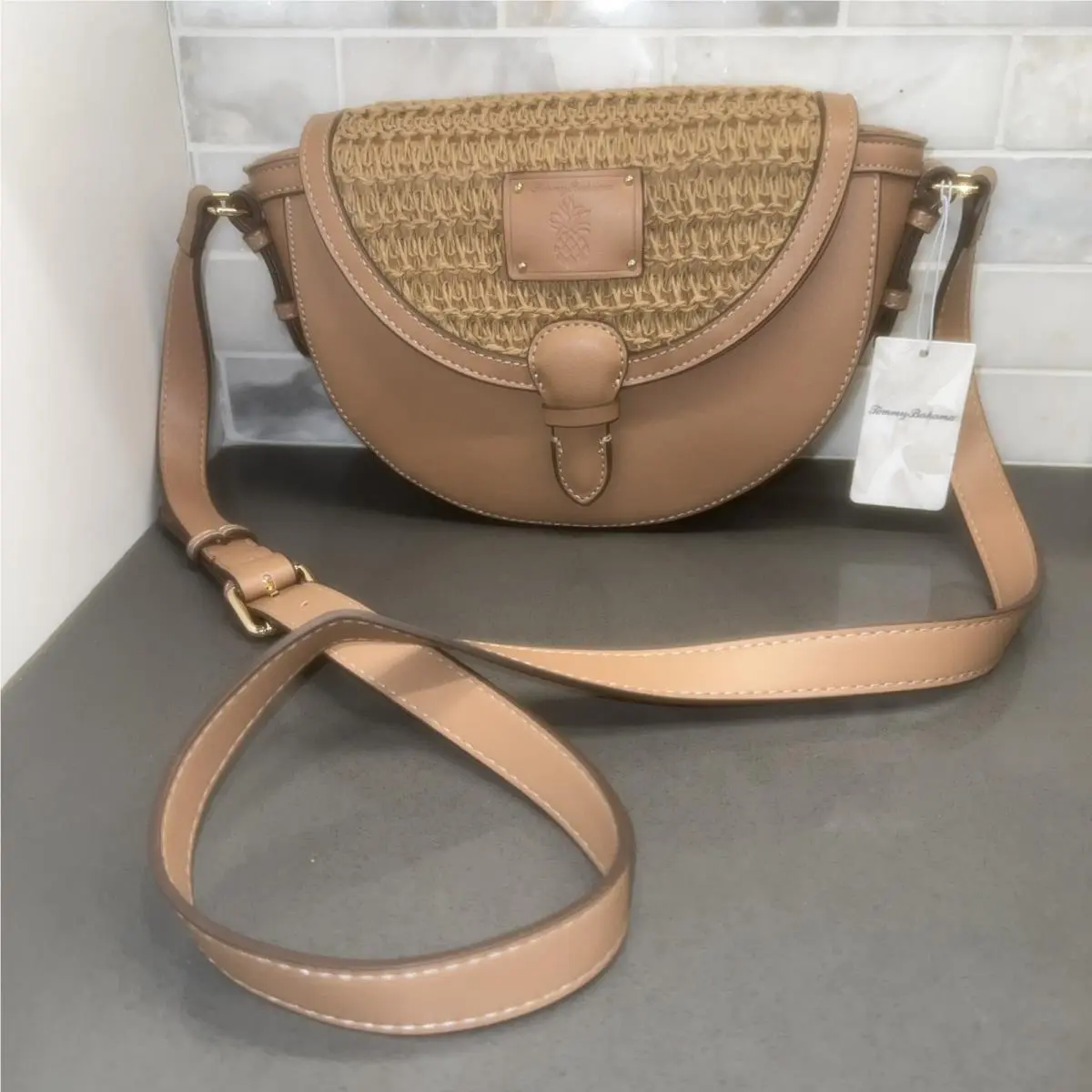 New-tommy Bahama Small Tan Woven Half Moon Crossbody Bag Magnetic Gold by Tommy Bahama