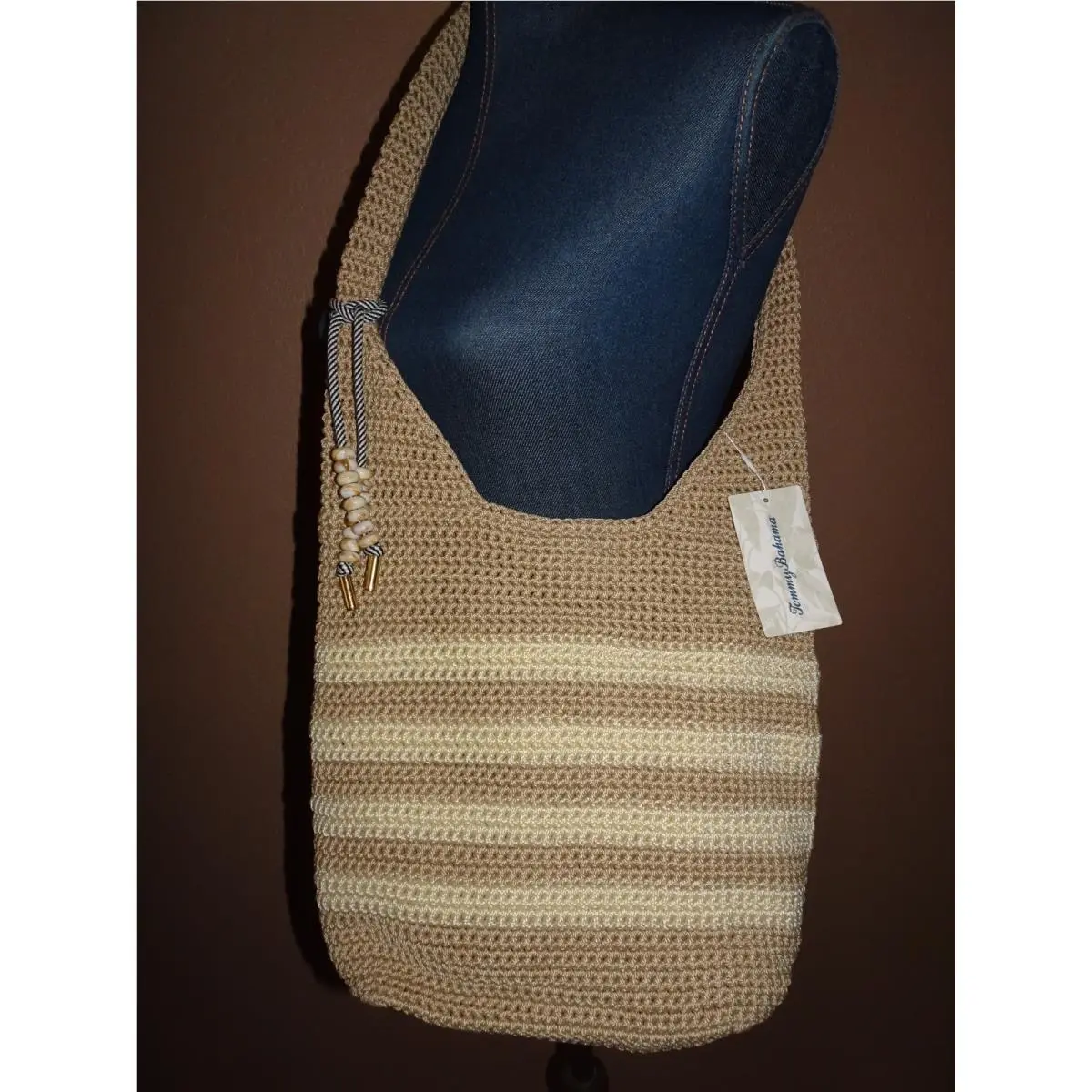 Striped Brown Ivory Crochet Lined Beaded Charm Shoulder Bag by Tommy Bahama