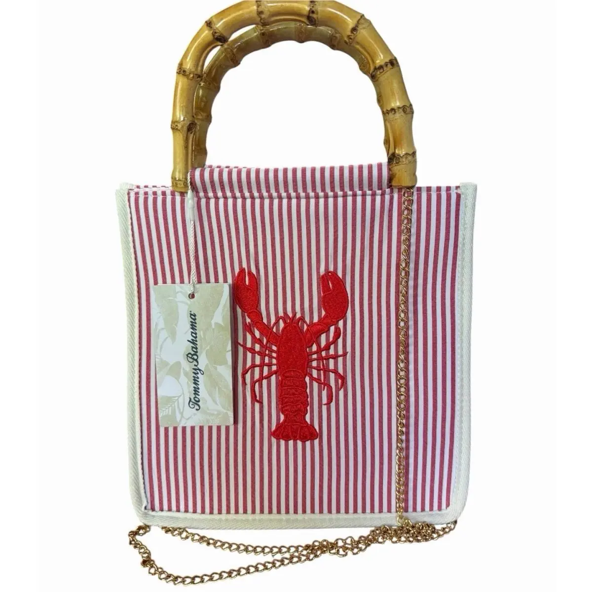 Tommy Bahama Red White Striped Lobster Bamboo Handle Tote Crossbody Bag