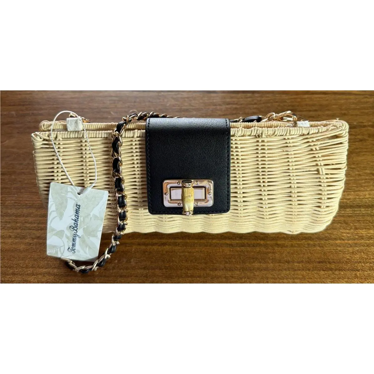 Woven Wicker Shoulder Bag Clutch Purse Tan Black by Tommy Bahama