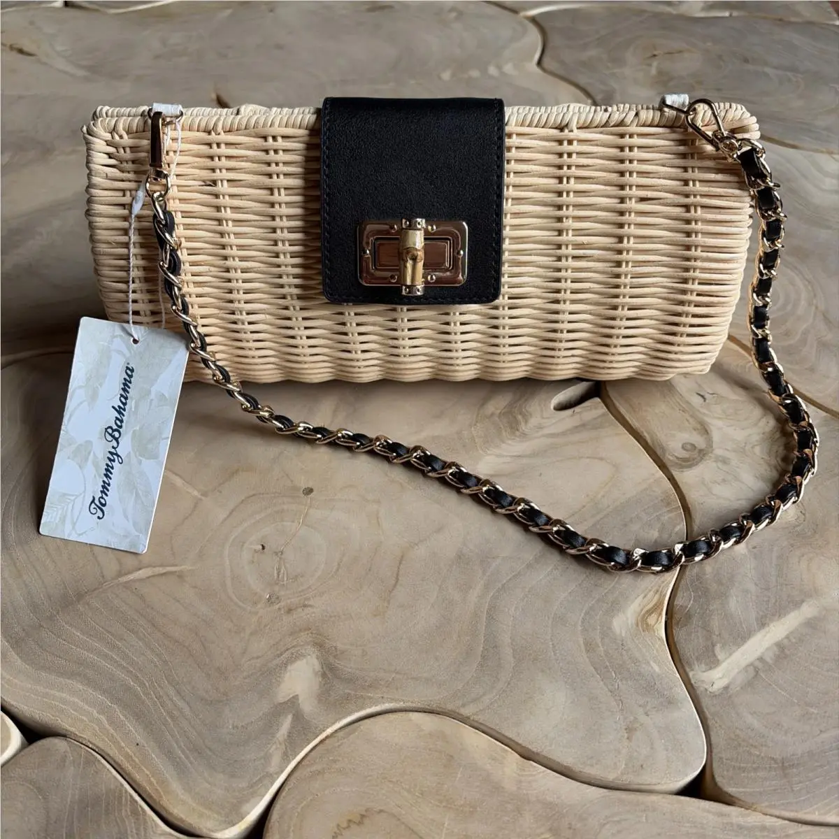 Wicker Clutch Shoulder Bag Straw Gold Black Woven Basket by Tommy Bahama